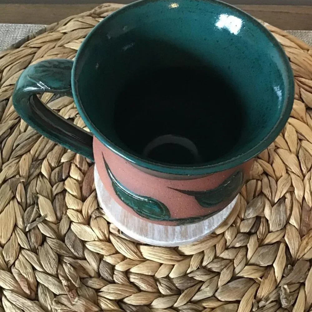 Vtg TG Coffee Mug Terra Cotta Green Glaze Leaf 12‎ fl oz. Farmhouse Cottagecore